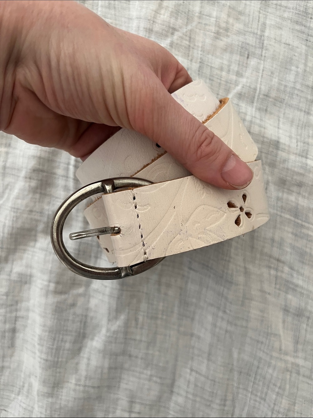 Vintage cream debossed cream leather belt with cutouts
